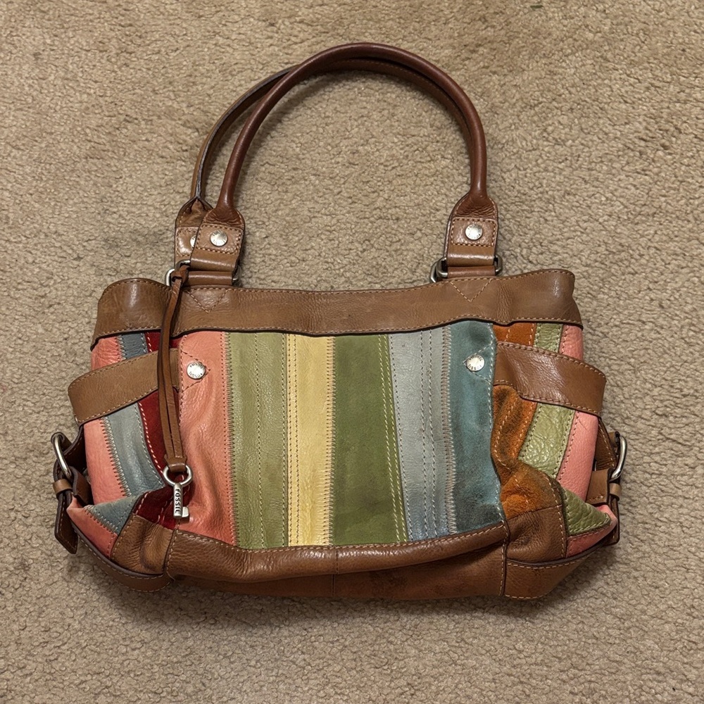 Fossil Multicolor Striped Leather Shoulder Bag with Brown Trim